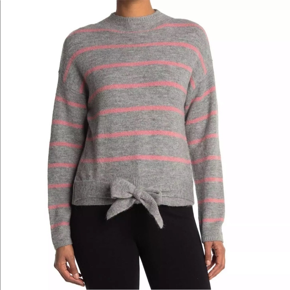 Wayf Stripe Mock Neck Tie Waist Sweater L Long Sleeve Knit Womens Gray Pink NWOT